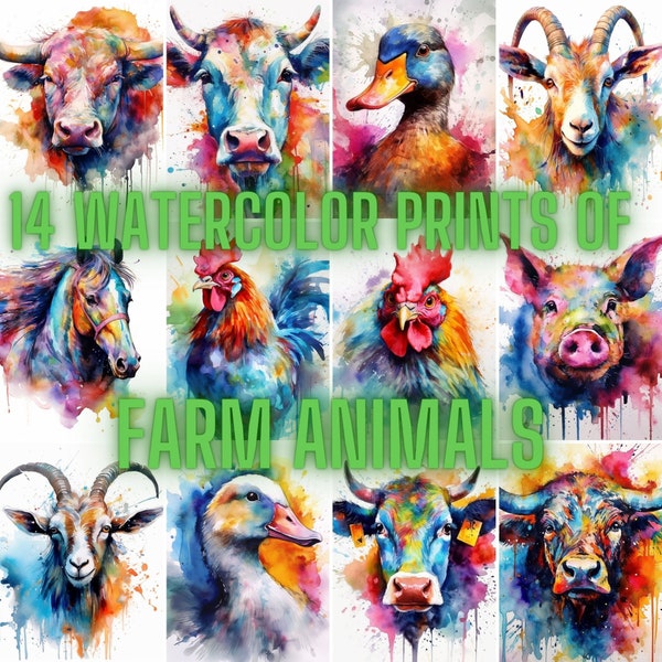 Rustic Farm Animal Watercolor Prints: Captivating Digital Depictions of Bulls, Cows, Pigs, Horses, Goats, Ducks, and Roosters