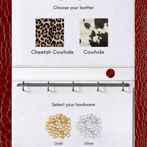 May include: A white customization card titled Design your journal with options to choose leather, featuring Cheetah Cowhide and Cowhide swatches, and hardware options including gold and silver metal rings, set against a red textured background.