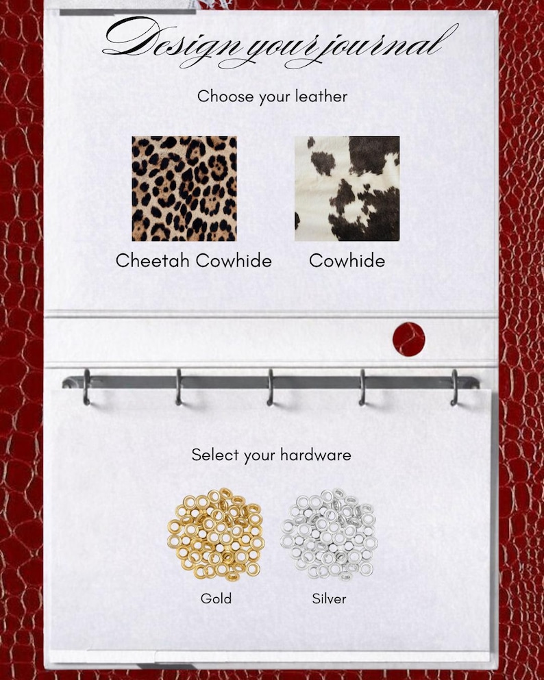 May include: A white customization card titled Design your journal with options to choose leather, featuring Cheetah Cowhide and Cowhide swatches, and hardware options including gold and silver metal rings, set against a red textured background.