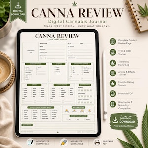 May include: A digital cannabis journal displayed on a tablet screen, titled CANNA REVIEW, featuring sections for product name, genetics, consumption method, aroma, flavor, and effects. The layout includes checkboxes and rating stars for tracking sessions.