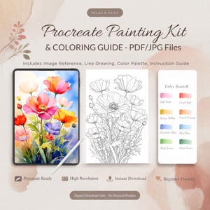 May include: A digital Procreate painting kit with a watercolor floral design. The kit includes a tablet displaying a colorful poppy painting, a line drawing, and a color palette. Text includes "Relax & Paint" and "Procreate Painting Kit & Coloring Guide - PDF/JPG Files."