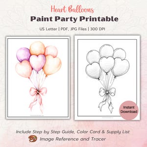 May include: Printable coloring page featuring a bouquet of heart-shaped balloons tied with a pink ribbon. The image includes a color reference and a tracer for easy coloring.