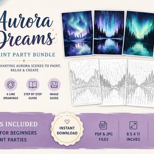 Aurora akvarellmålningsfestpaket, norrskensmålningshandledning i PDF-format, steg-för-steg-guide för landskapsmålning, utskrivbar konstlektion