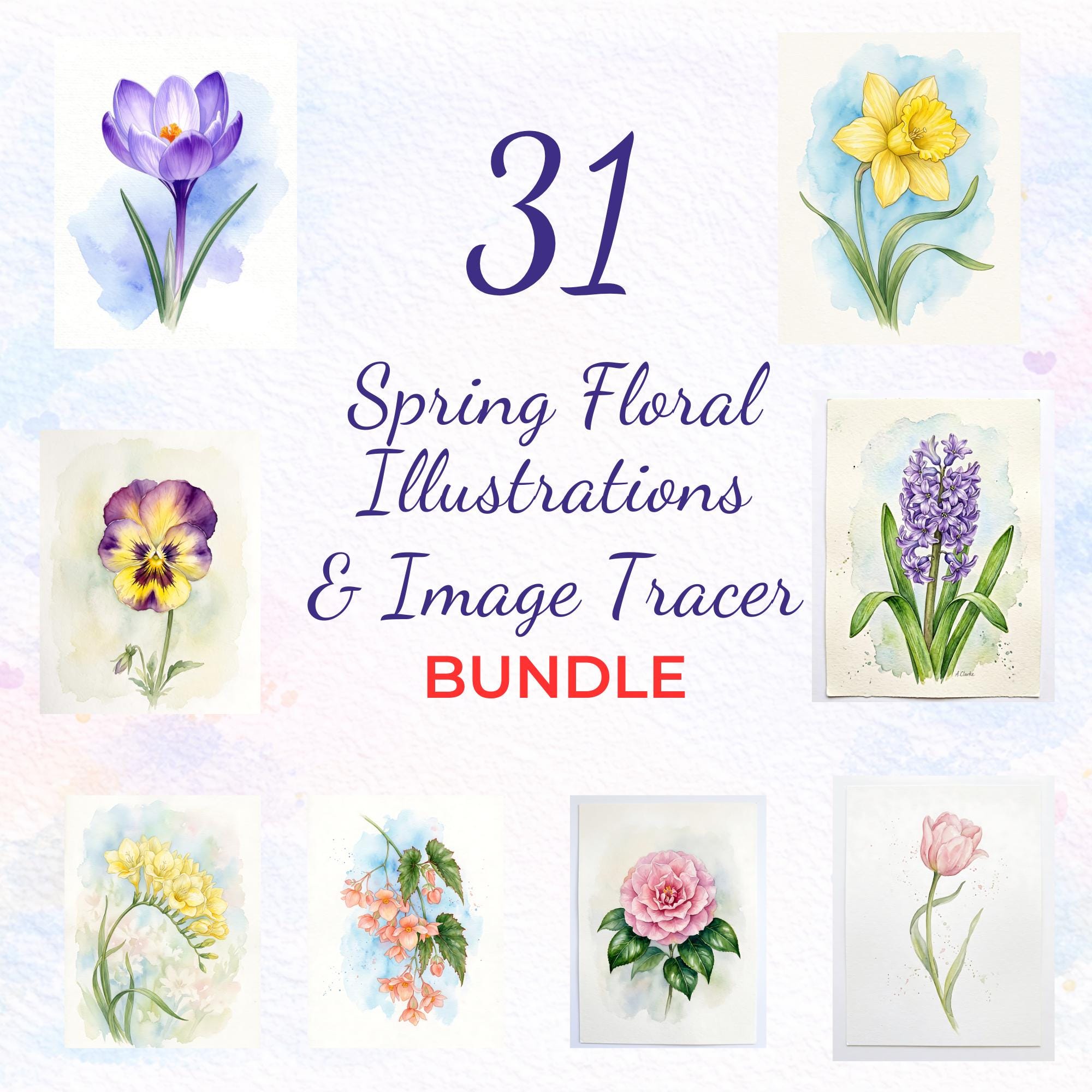 Spring Floral Clipart Bundle, Watercolor Flower PNG Set, Botanical ...