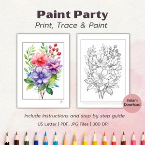 Op de afbeelding: Een printbare kleurplaat met een boeket bloemen in roze, paars en blauw. De afbeelding bevat een gekleurde versie en een zwart-witte omtrekversie om te traceren. De tekst "Paint Party Print, Trace & Paint" staat bovenaan de pagina. De tekst "Include Instructions and step by step guide US Letter | PDF, JPG Files | 300 DPI" staat onderaan de pagina.