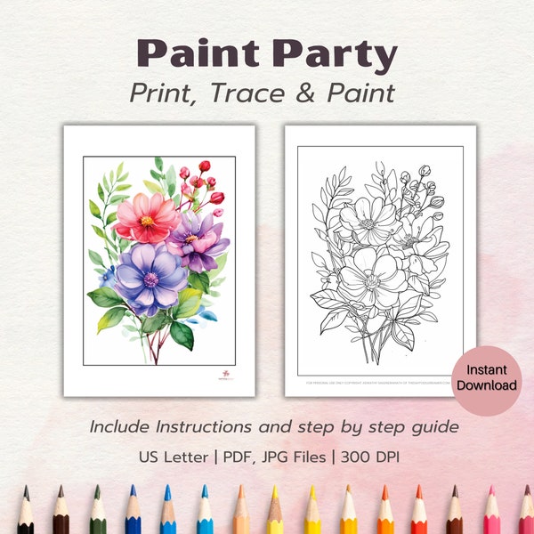 Vibrant Floral Bouquet Paint Party Printable, Spring Flowers Stencil, Pre-Drawn Outline Canvas, Paint and Sip Kit, Step by Step Guide