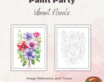 Levendige bloemen voorgetekend canvas, verf- en slokjeskit, verffeest afdrukbaar, lentebloemen stencil, stapsgewijze handleiding