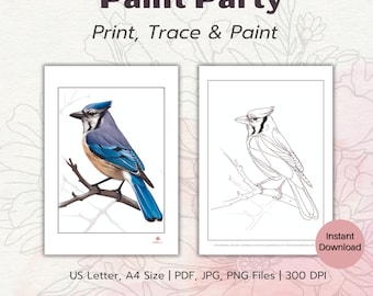 Blue Jay Bird Paint Party Printable, Paint and Sip Kit Printable, Bird Paint Stencil, Pre Drawn Outline Canvas