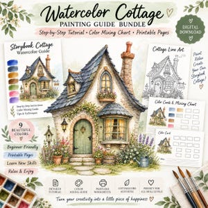 May include: A digital watercolor cottage painting guide bundle featuring a central illustration of a stone cottage with a blue roof, surrounded by instructional pages, a color mixing chart, line art, and a watercolor paint set with brushes.