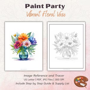 Puede incluir: Una imagen imprimible de pintura por números de un arreglo floral vibrante en un jarrón azul. La imagen incluye una guía de referencia de colores y un dibujo de línea en blanco y negro para trazar.