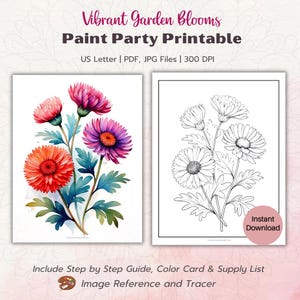 Op de afbeelding: Een printbaar ontwerp voor een verfparty met een boeket levendige bloemen met roze, paarse en oranje bloemblaadjes. Het ontwerp bevat een kleurenkaart, een benodigdhedenlijst en een traceerbare omtrek voor gemakkelijk kleuren.