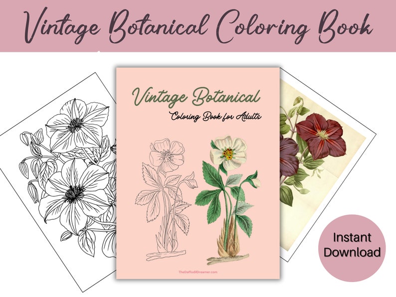 May include: A vintage botanical coloring book for adults featuring a black and white illustration of a flower. The cover of the book is pink with the title "Vintage Botanical Coloring Book for Adults" in black text.