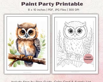 Woodland Owl Paint Party Kit, Sip and Paint, Watercolor Printable, Tracer, Pre-drawn Canvas Stencil, Color Guide, Digital Art Kit