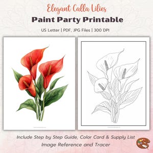 Impression de fête de peinture élégante de lys calla | de peinture et d'emballage, toile prédessinée | Aquarelle DIY étape par étape, nuancier, traceur