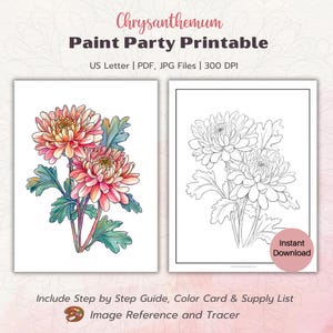Peinture chrysanthème rose poudré, impression de fête, toile prédessinée, contour floral aquarelle, cadeau d'anniversaire de novembre Guide étape par étape