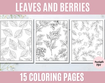 Coloring Pages for Relaxation, Adult Coloring, Printable Coloring, Leaves and Berries, Botanical Coloring, Nature Coloring Pages