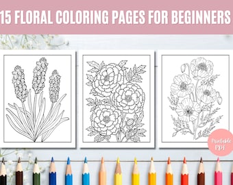 Floral Coloring Book for Beginners,  Set of 15 Coloring Pages, Print or Trace and Color, Home Decor, Adult Coloring, Relaxation Coloring