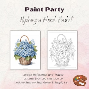 Op de afbeelding: Een printbare afbeelding voor een verfparty met een referentie en tracer, met een hydrangea-bloemenmand. De afbeelding bevat een gekleurde versie en een zwart-witversie. De tekst "Paint Party Hydrangea Floral Basket" staat bovenaan de afbeelding. De tekst "Image Reference and Tracer US Letter | PDF, JPG Files | 300 DPI Include Step by Step Guide & Supply List" staat onderaan de afbeelding.