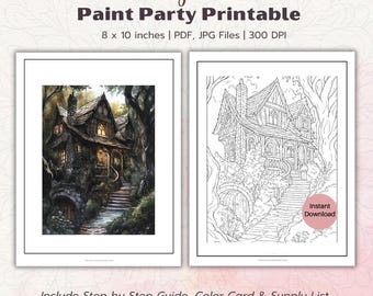 Haunted Cottage Painting Kit, Lanternlight House Paint Party Printable, DIY Art Tracer Template, Dark Forest Acrylic Guide PDF
