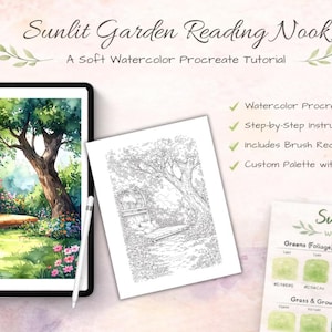 Sunlit Garden Reading Nook Procreate Tutorial, Watercolor Digital Painting Guide, Cozy Nature Scene Drawing Class, iPad Art Lesson Kit