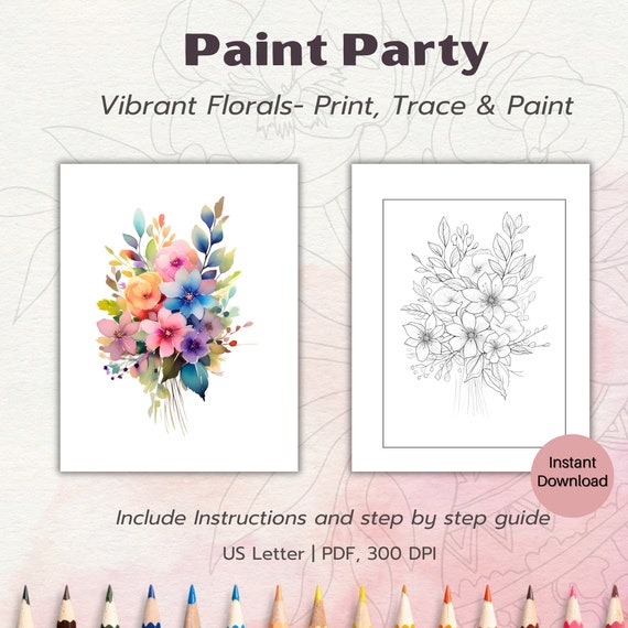 Vibrant Floral Pre-Drawn Outline Canvas, Paint and Sip Party, Printable Flower Outline Kit, Spring Flowers Stencil, Step by Step Guide