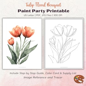 Impression de peinture pour fête, bouquet de tulipes, pochoir floral préimprimé, toile avec contour prédessiné, kit de peinture et de gorgée, guide étape par étape