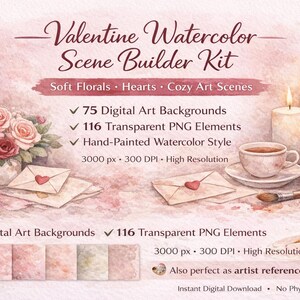 Pode incluir: Kit de construção de cenas de Dia dos Namorados em aquarela com flores suaves, corações e cenas de arte aconchegantes. Inclui fundos digitais, elementos PNG transparentes e estilo aquarela pintado à mão. Com rosas, velas e envelopes.