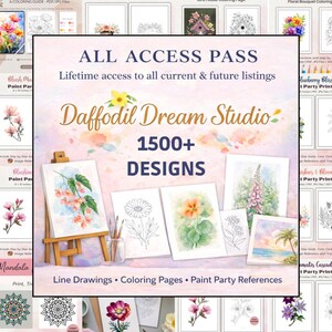 Könnte beinhalten: Werbung für Daffodil Dream Studio mit über 1500 Designs. Das Bild zeigt Aquarell- und Strichzeichnungen floraler Illustrationen, Malvorlagen und Malparty-Referenzen. Der Text enthält "All Access Pass" und "Lebenslanger Zugriff auf alle aktuellen und zukünftigen Angebote."