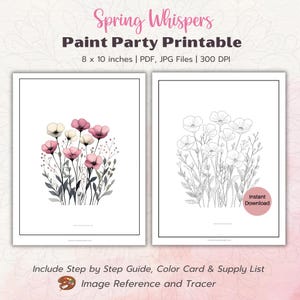 Pode incluir: Duas peças de arte imprimíveis com desenhos florais. Uma apresenta flores rosa e brancas, a outra um contorno em preto e branco. O texto diz "Spring Whispers Paint Party Printable" e inclui dimensões de "8 x 10 polegadas".