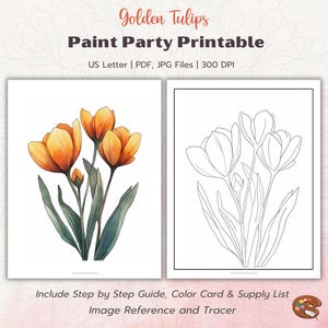 Peinture et kit de gorgée Golden Tulips, Impression pour fête de peinture | Toile prédessinée | Aquarelle DIY étape par étape, nuancier, traceur