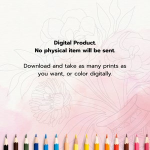 May include: Digital download of a coloring page featuring a bouquet of flowers in a vase. The image includes a row of colored pencils at the bottom.