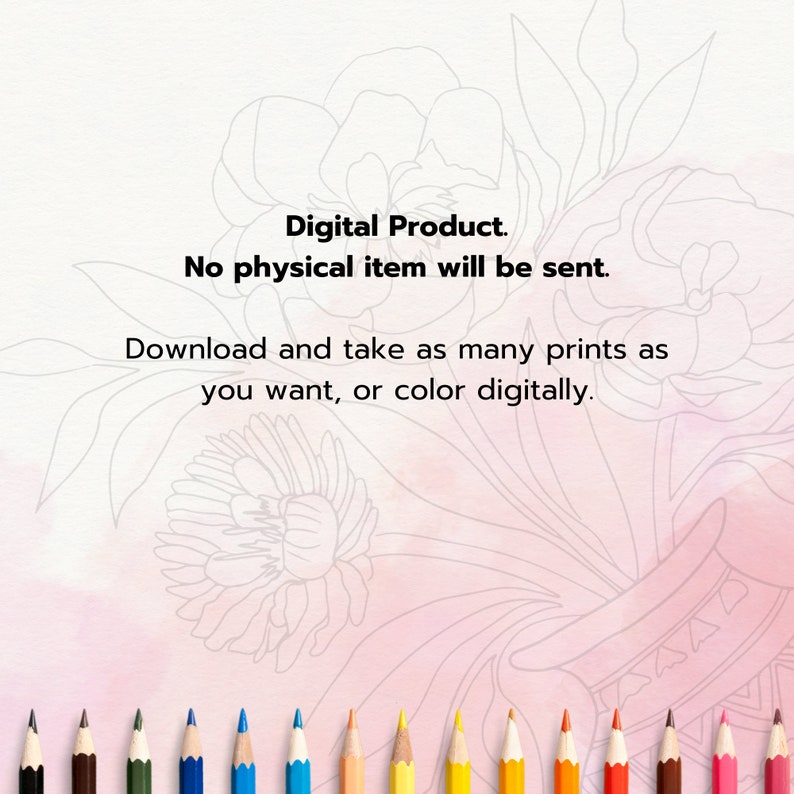 May include: Digital download of a coloring page featuring a bouquet of flowers in a vase. The image includes a row of colored pencils at the bottom.