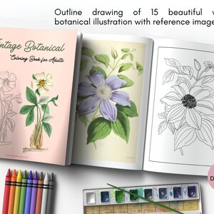 May include: A pink and white coloring book with the title "Vintage Botanical Coloring Book for Adults". The book is open to reveal a black and white outline drawing of a flower with a colored version of the flower on the opposite page. The book is on a white surface with colored pencils and a watercolor palette.