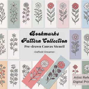 May include: A collection of floral bookmarks with various designs and colors, including red, white, and pink flowers. The text "Bookmarks Pattern Collection" and "Artist Reference Digital Printables" are visible.