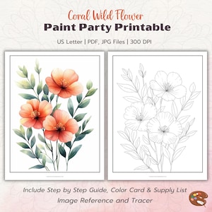 Corail fleurs sauvages, peinture aquarelle pour fête, imprimable, guide étape par étape, peinture et impression prédessinée sur toile, traceur, nuancier et liste de fournitures