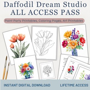 Pass di accesso completo a vita, negozio di stampe per Paint Party, kit di arte digitale floreale fai da te, Image Tracer e riferimento, guida passo passo, cartella colori