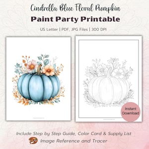 Fête de peinture florale bleue de citrouille de Cendrillon imprimable - Kit d'art d'automne bricolage, modèle pré-dessiné avec guide étape par étape, téléchargement immédiat PDF