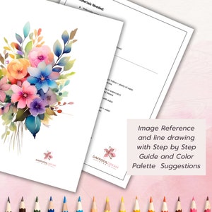 May include: A printable digital download for a watercolor painting tutorial. The tutorial includes a reference image of a bouquet of flowers, a line drawing, step-by-step instructions, and color palette suggestions. The image shows a bouquet of flowers in shades of pink, blue, purple, and yellow.