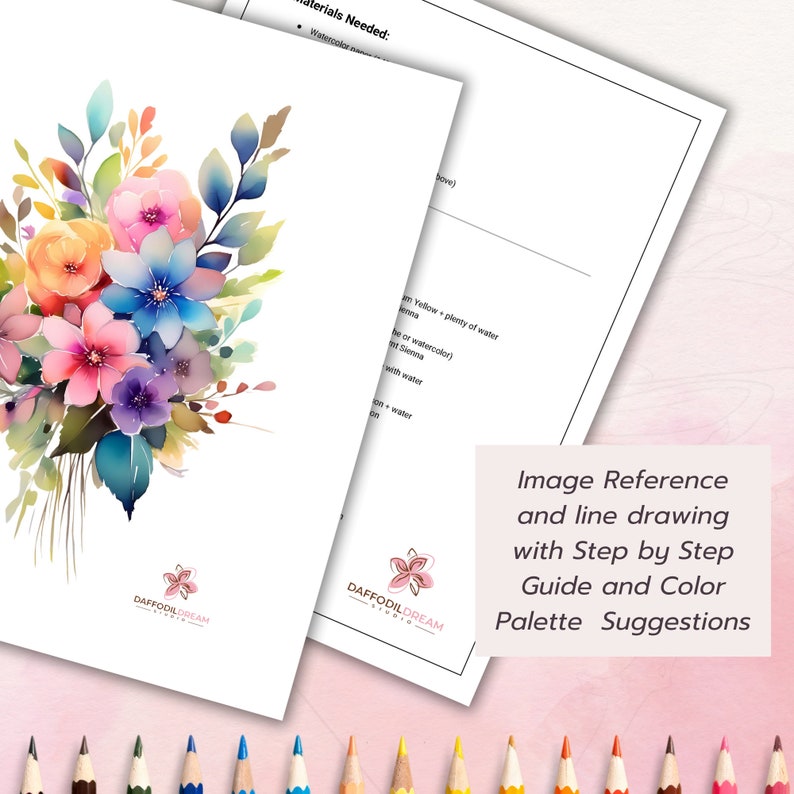 May include: A printable digital download for a watercolor painting tutorial. The tutorial includes a reference image of a bouquet of flowers, a line drawing, step-by-step instructions, and color palette suggestions. The image shows a bouquet of flowers in shades of pink, blue, purple, and yellow.