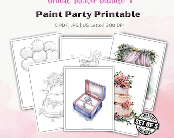 Bridal Shower Paint Party Printables | Wedding Rings Watercolor Tracer | Wedding Cake DIY Art Set | US Letter 300 DPI | Digital Download
