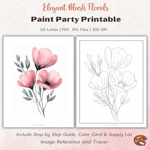Peinture florale rose poudré à imprimer pour fête d'anniversaire, kit de peinture et de gorgée | Toile prédessinée | Aquarelle DIY étape par étape, nuancier, traceur