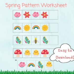 Può includere: Un foglio di lavoro con motivi a tema primaverile per bambini. Il foglio di lavoro presenta immagini di fiori, arcobaleni, farfalle, api, funghi e pulcini. Il testo "Facile da scaricare!" è scritto in un fumetto.