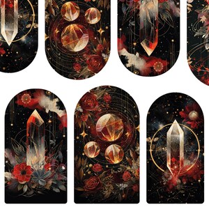 May include: Nail art decals with celestial and crystal designs. The decals feature crystals, flowers, and geometric shapes in red, gold, and black. The text "SARAHSSPARKLESNAILS.COM" is visible on the left side.