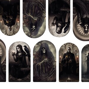 Peut inclure: Ensemble de 10 autocollants pour ongles gothiques avec des illustrations en noir et blanc de personnages dans différentes poses. Les personnages sont vêtus de robes noires et ont des traits sombres. Les autocollants sont parfaits pour ajouter une touche de style gothique à vos ongles.