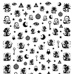 May include: A sheet of black and white nail art stickers. The designs include cartoon dragons, stars, moons, eyes, keys, hearts, and geometric shapes. The website address SARAHSSPARKLESNAILS.COM is printed at the bottom.
