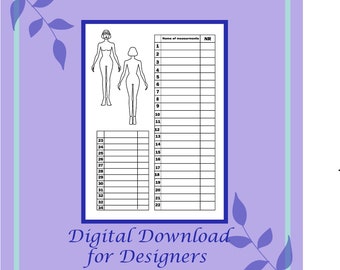 Instant Download, Fashion design Template, Measurements template, PDF, JPG