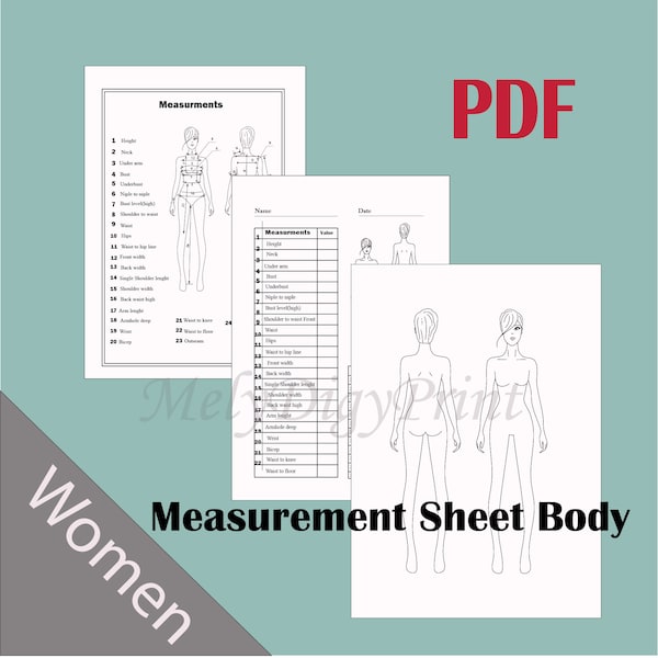 PRINTABLE Women's Body Measurement Sheet / Fashion Designer Template / Sewing Measurement Sheet / PDF & JPG