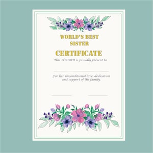 Best Sister Certificate, DIGITAL DOWNLOAD, Certificate for sister, Gift for sister, Certificate template