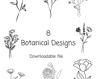 Puede incluir: Ocho dibujos en blanco y negro de diseños botánicos, incluyendo flores, hojas y tallos. El texto "8 Botanical Designs" y "Downloadable file" está incluido en la imagen.