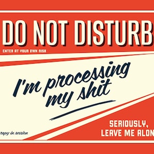 May include: A rectangular sign with a red border and background. The sign reads "DO NOT DISTURB" in white capital letters. Below, it says "ENTER AT YOUR OWN RISK." The text "I'm processing my shit" is in a cursive font. The bottom right corner says "SERIOUSLY, LEAVE ME ALONE."